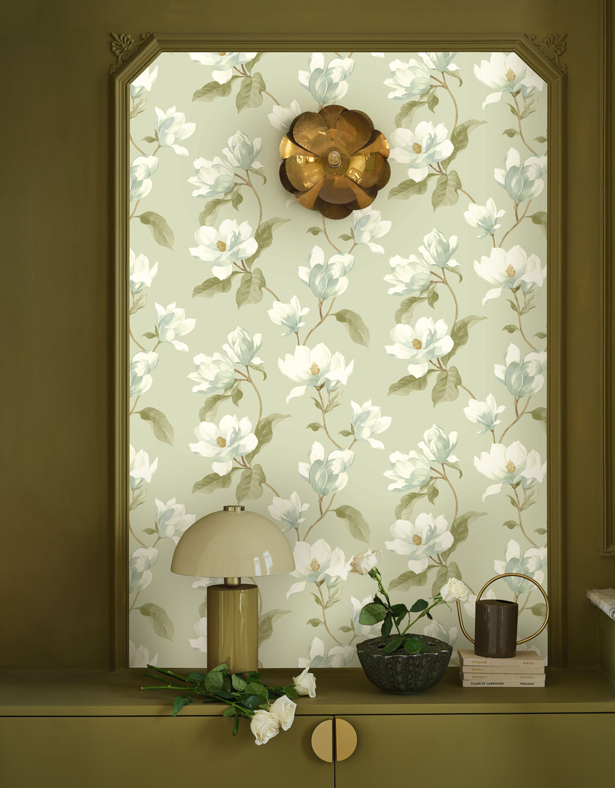 Papier peint Brume de Magnolia vert amande - Le Beau Jardin de Casadéco | Réf. BJAR202547202