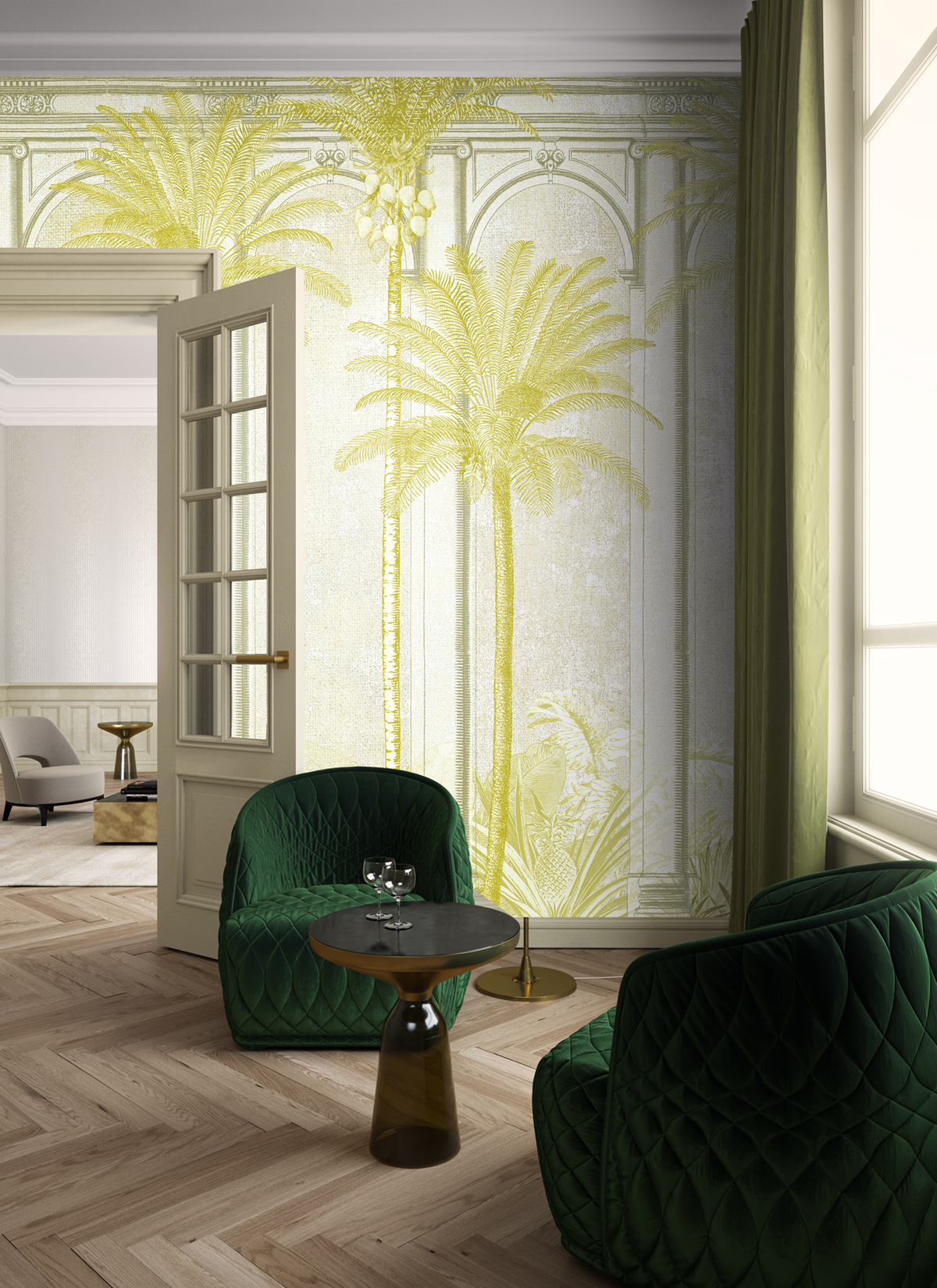 Papier peint panoramique Arcade Palmier Habana vert citron - A, B et C H300 - Havana de Masureel | Réf. MAS-DGHAV102X