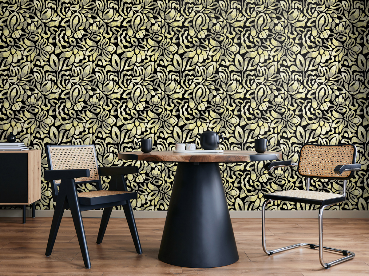 Papier peint Feuillage Graphique Velours Flock beige noir - Ornata de Montecolino | Réf. MC-81341