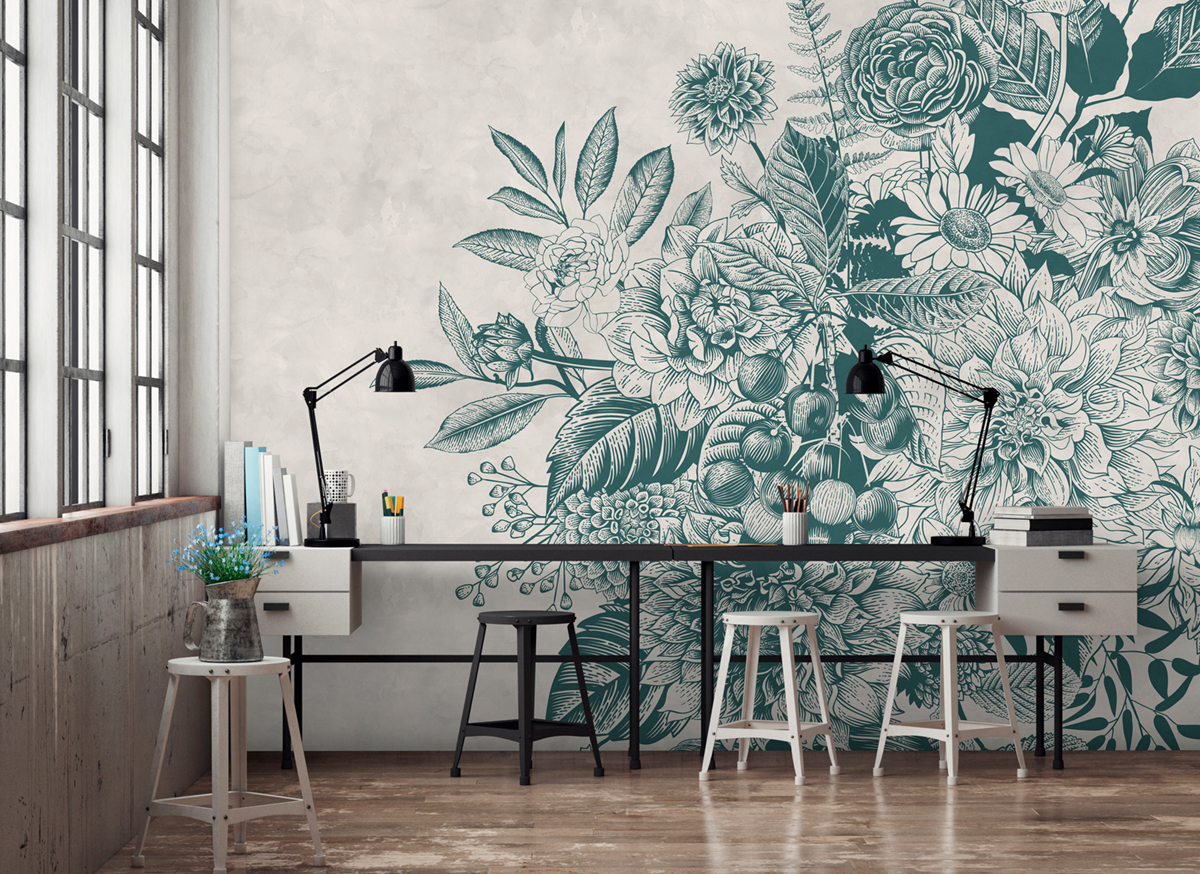 Papier peint panoramique Fleurs Jouy Greenery 1  - Référence DD111076 - Intissé 200g/m2 - Standard 400 x 270