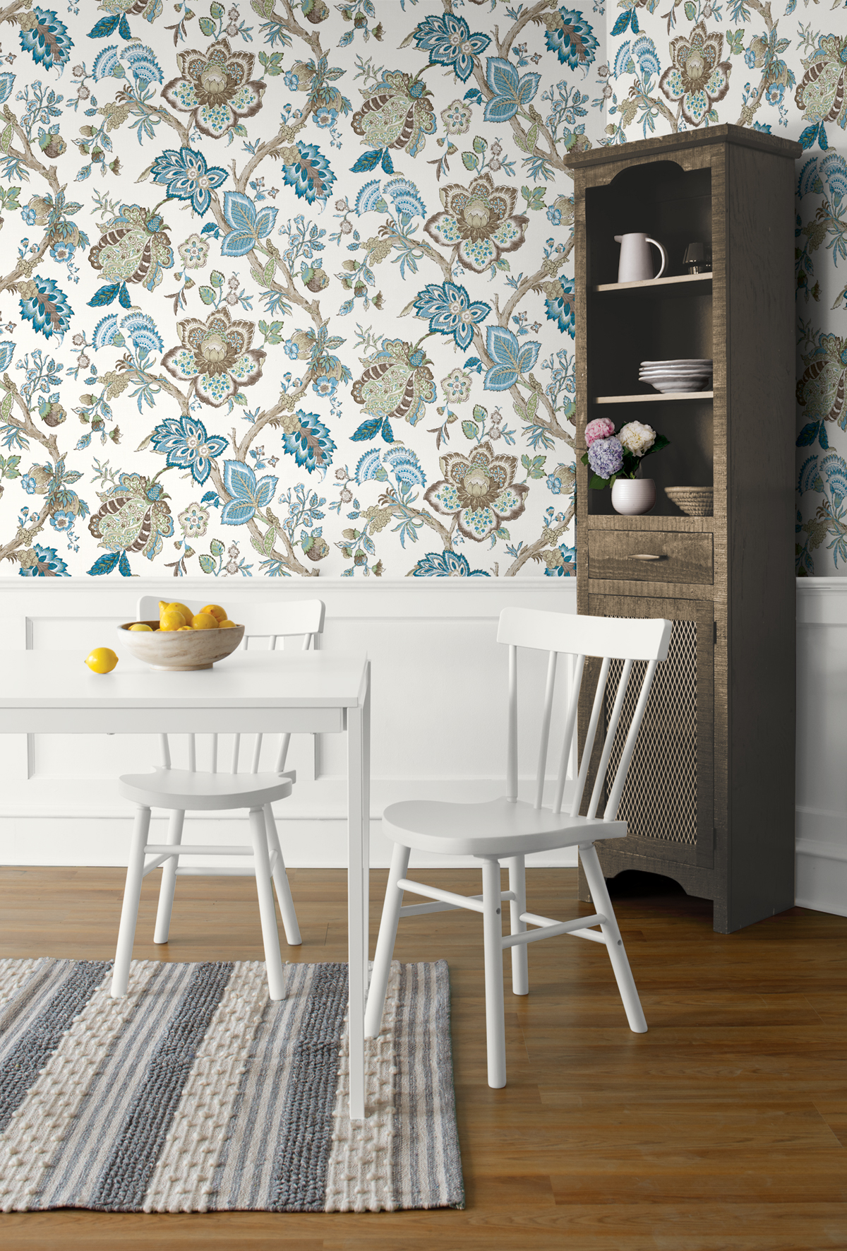 Papier peint Fleur Bernadette Ramage Botanique marron vert bleu - French Country d'Initiales | Réf. INI-FC60406