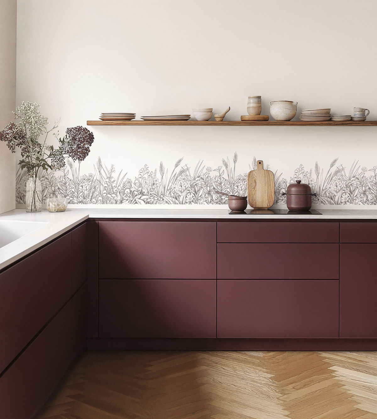 Papier peint Crédence Floral Shades noir blanc - Kitchen Box de Casélio | Réf. KBO106960936