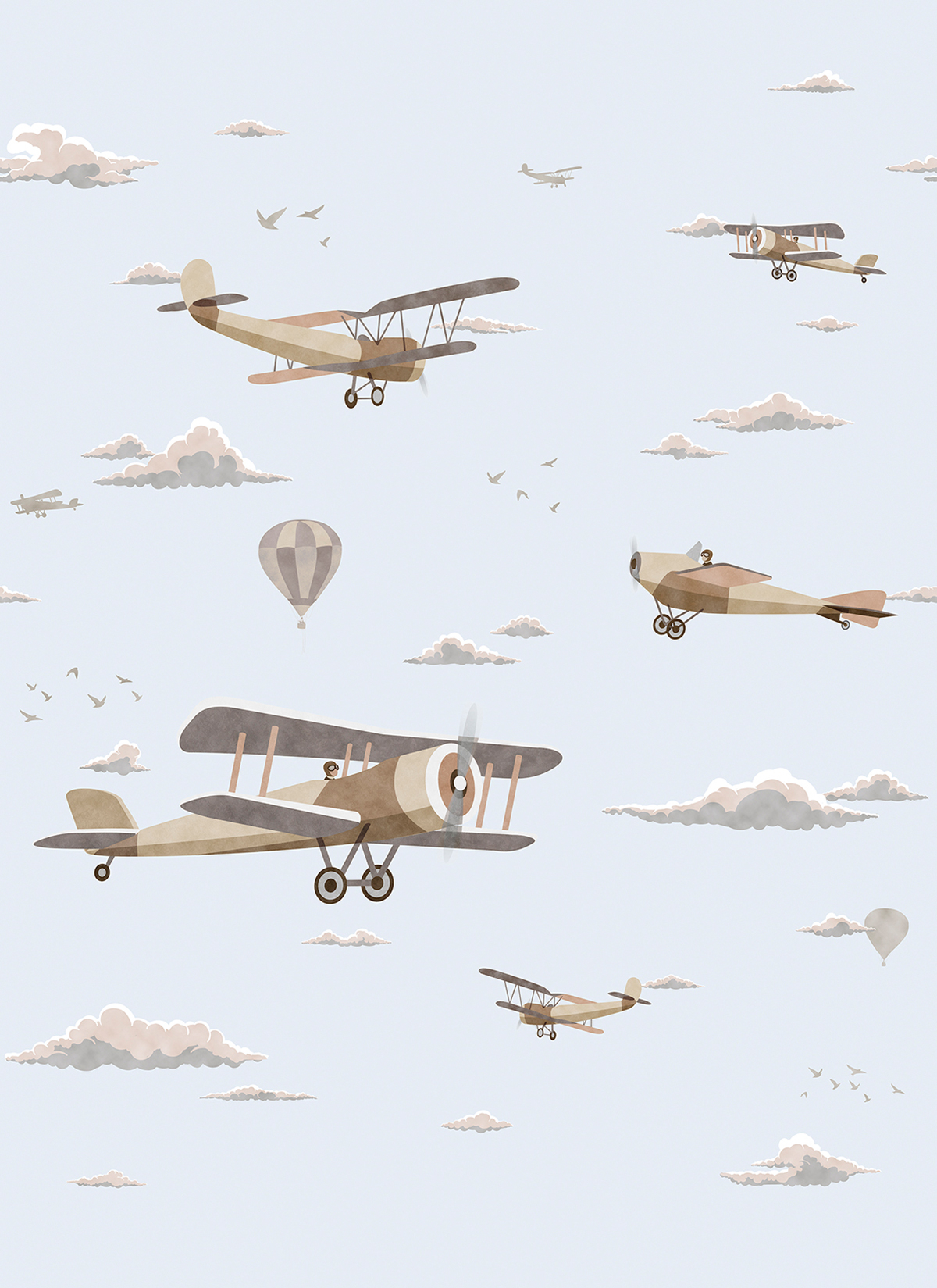 Papier peint panoramique Avion Biplane gris bleuté - Panorama 2 de Lutèce | Réf. LTC-PAN1893C