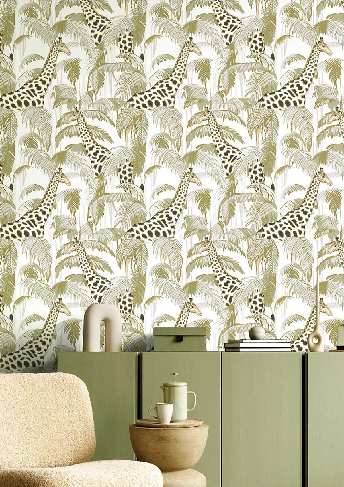 Papier peint Jungle Girafe vert doré - Maison Paradis de Lutèce | Réf. LTC-MP15527