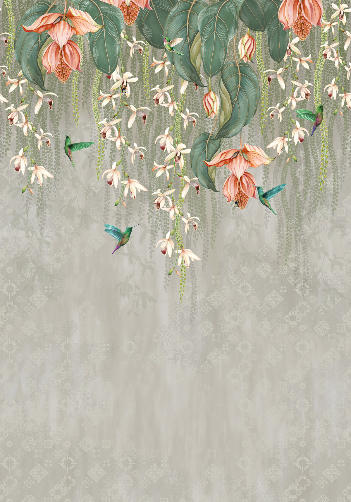 Papier peint panoramique Fleurs Trailing Orchid argenté - Ananda d'Osborne & Little | Réf. OSB-W8037-01