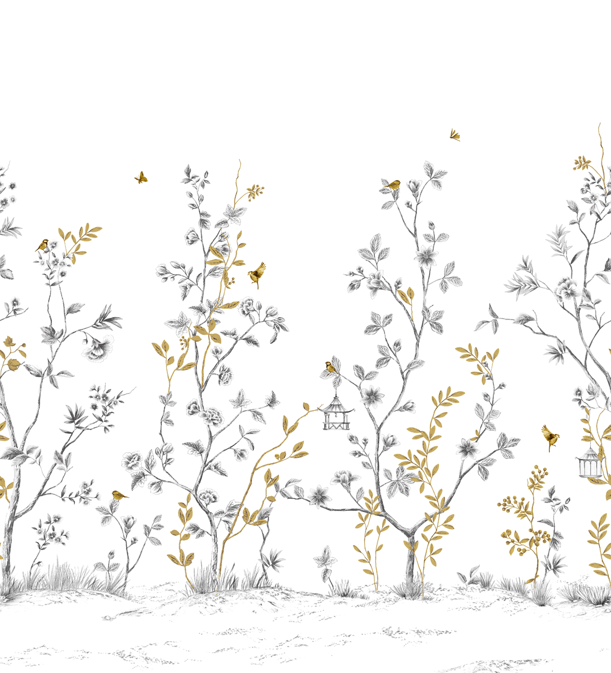 Papier peint panoramique Oiseaux Mésanges Ocre A+B - 1/2/3/4/5/6 - Isidore Leroy