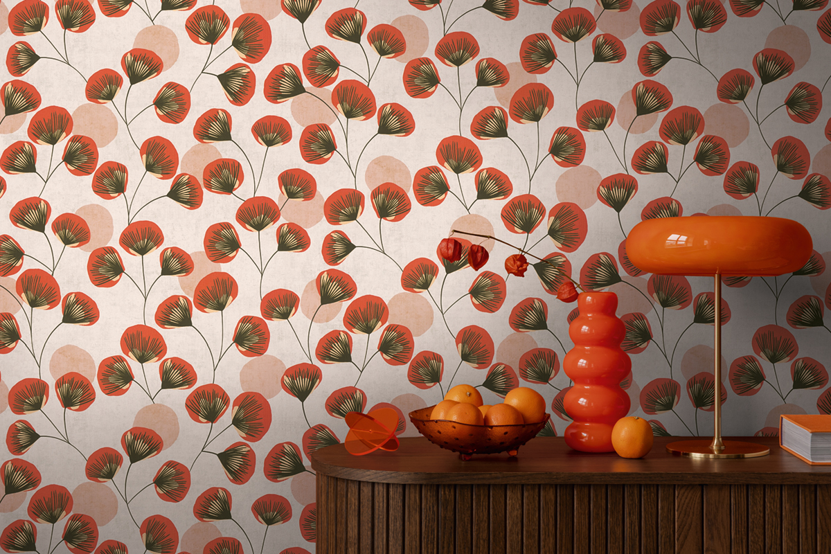 Papier peint Végétal Rétro Aster rouge corail - Nordic Feeling d'A.S. Création AMB2 | Réf. AS-791513