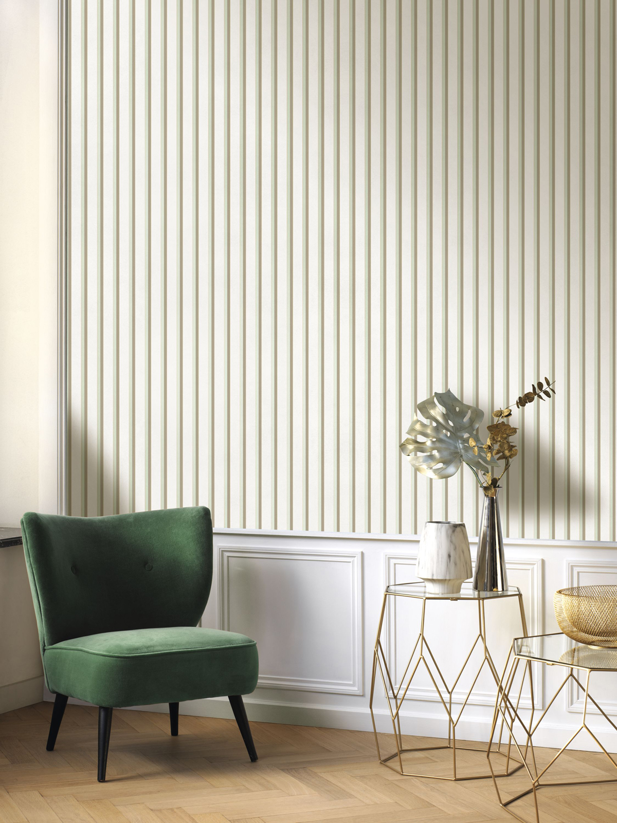 Papier peint Rayure Country Club vert amande irisé - Derby de Casadéco | Réf. DERB89327200