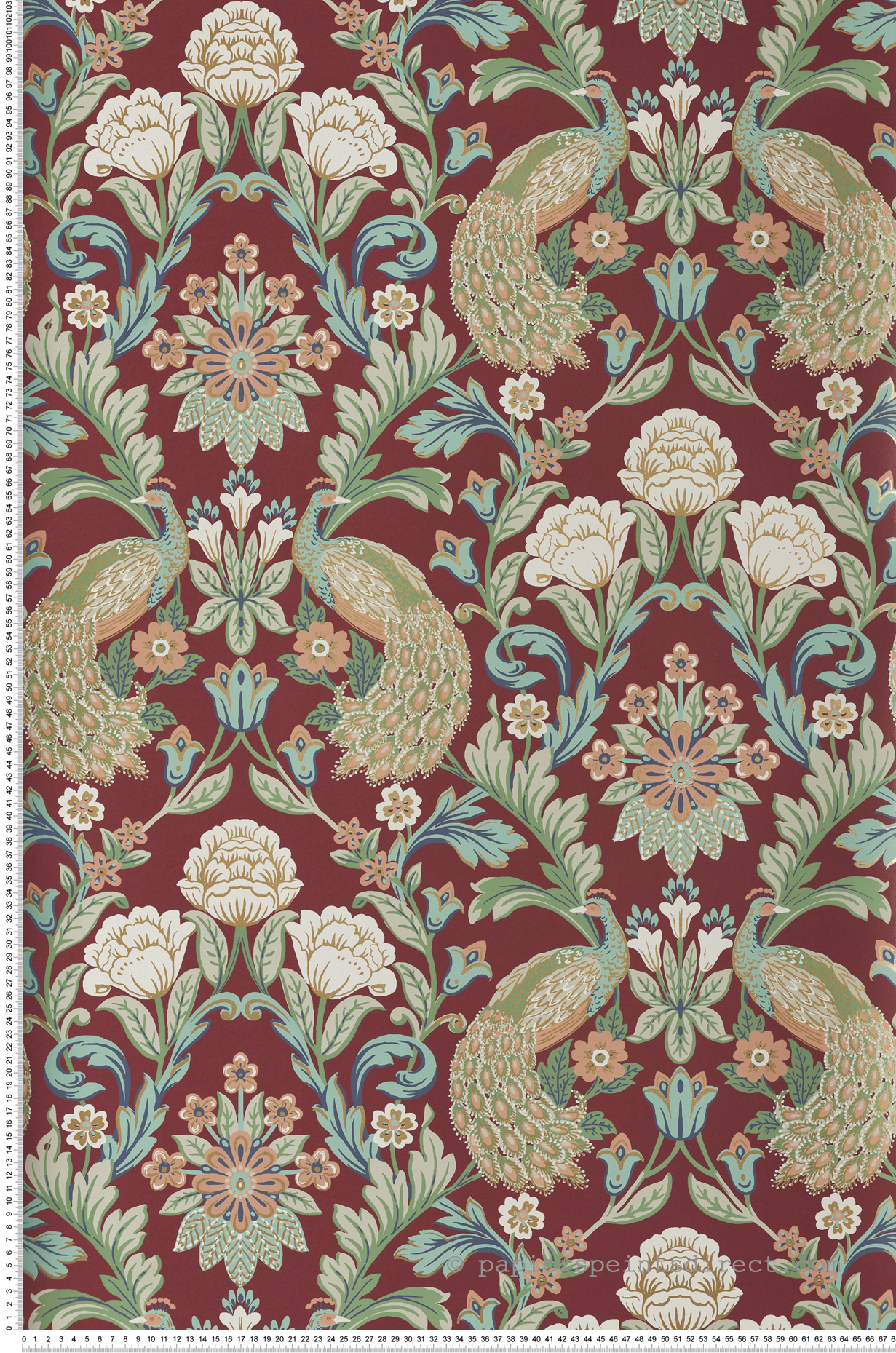 Papier peint Paon Floral Classique vert bordeaux - Arts & Crafts d'Initiales | Réf. INI-AC9106