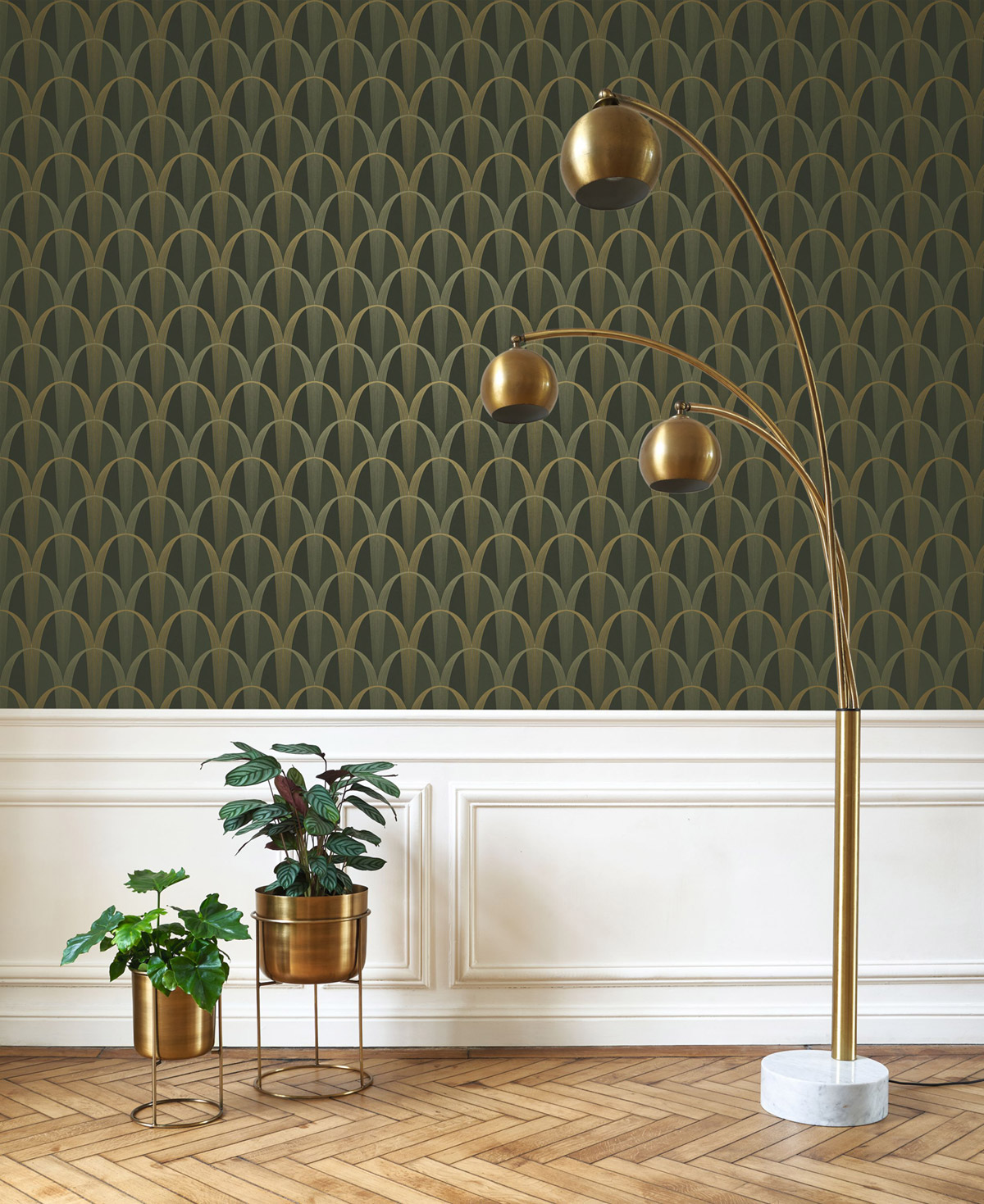 Papier peint Arche Entrée des Artistes kaki doré - Années Folles de Casadéco | Réf. ANFO201047264