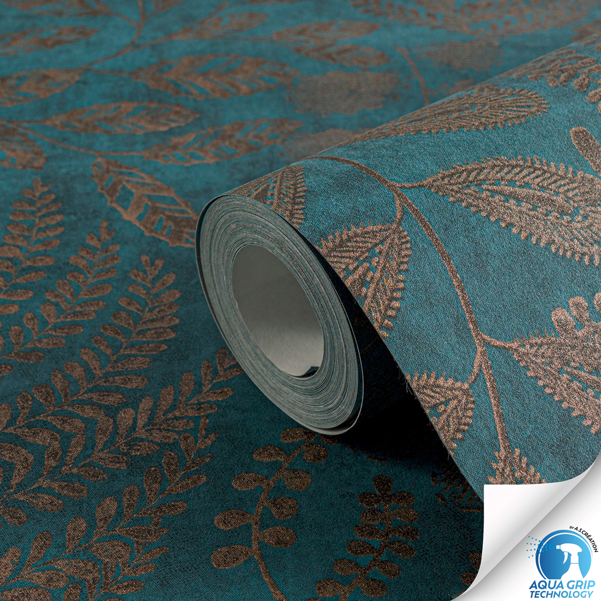 Papier peint préencollé Feuilles Details bleu pétrole doré - Designdrop d'A.S. Création ZOOM ROLL | Réf. AS-784951