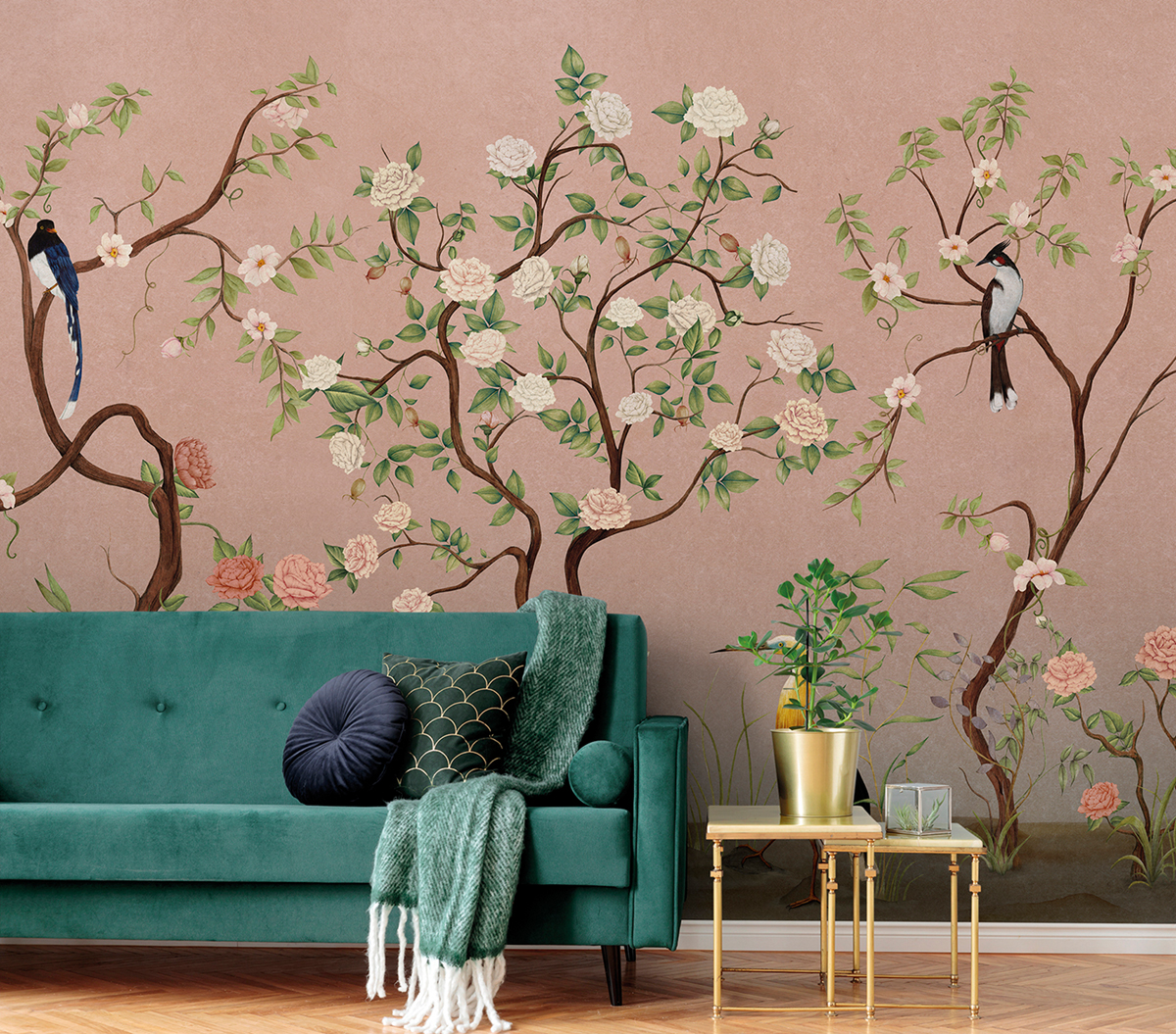 Papier peint panoramique Oiseau Classique Kaori rose - Panorama 2 de Lutèce | Réf. LTC-PAN1551C