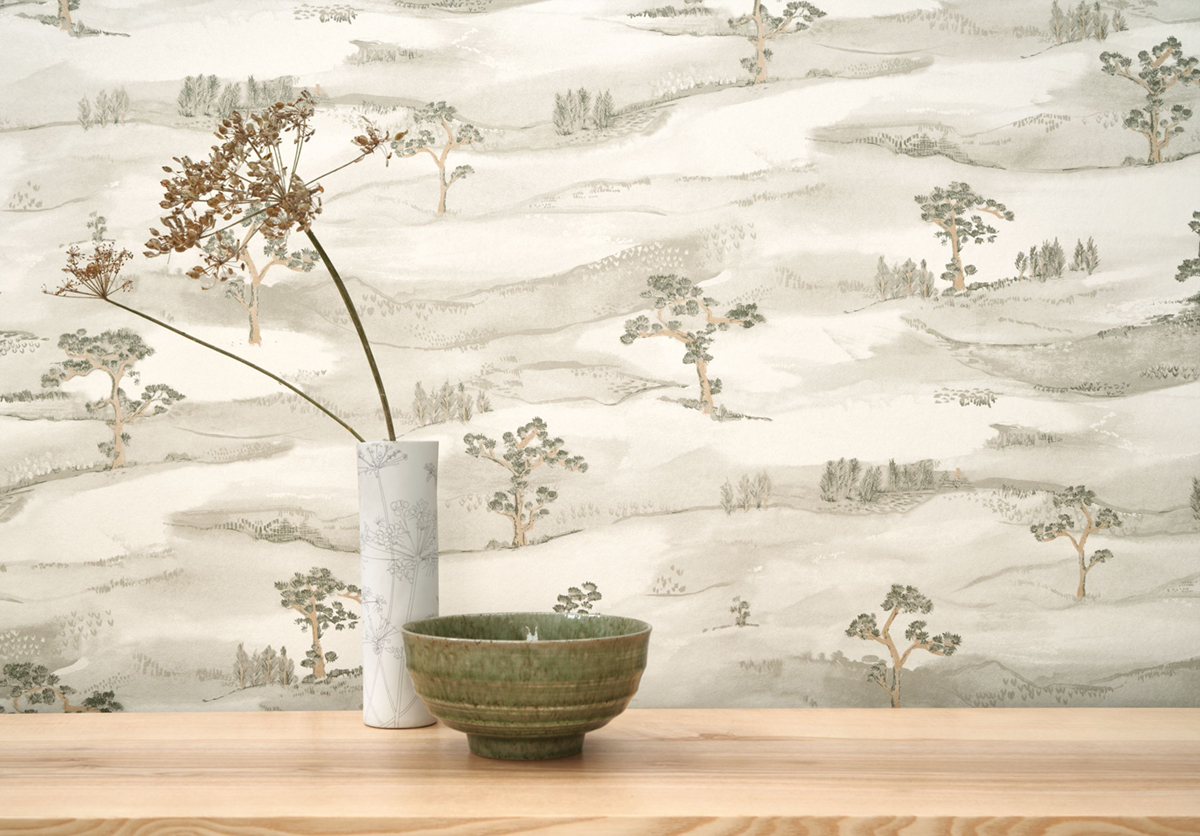 Papier peint Paysage Mokuso vert nacré - Kyoto de Casadéco AMB1 | Réf. KYTO88747199