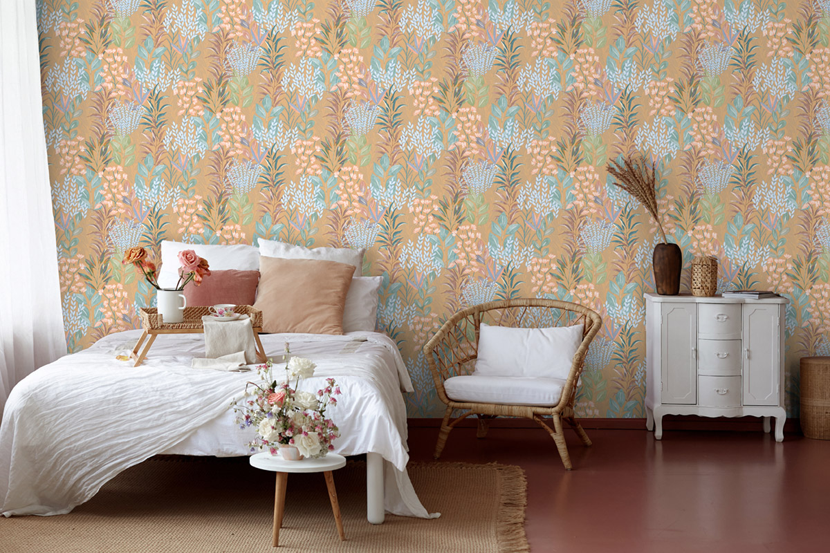 Papier Peint Feuillage Flora Métallisé curry - Flora d'Ugépa | Réf. UGP-M86902