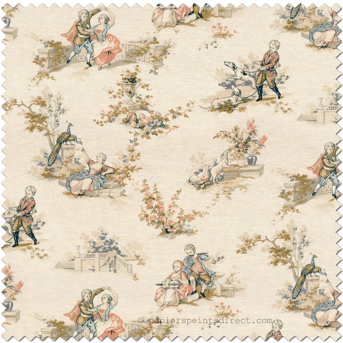 Tissu Scènes Pastorales Gavotte ocre lin - Les Belles Toiles de Jouy 2 de Casadéco | Ref. BTJD201761984
