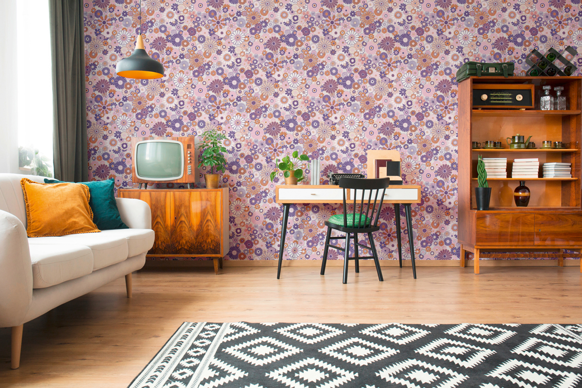 Papier peint Marguerite Vintage violet rose orange - Retro Chic d'A.S. Création | Réf. AS-395351