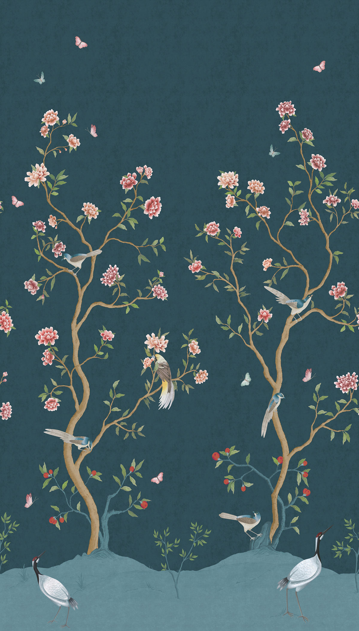 Papier peint Panoramique Oiseaux Chinoiserie Fleurie bleu paon - Romance de Lutèce | Réf. LTC-19113