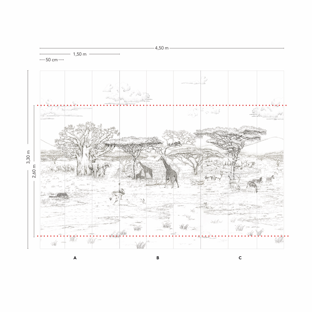 Papier peint panoramique Animaux Vallée du Rift Gris A+B+C - 1/2/3/4/5/6/7/8/9 - Isidore Leroy