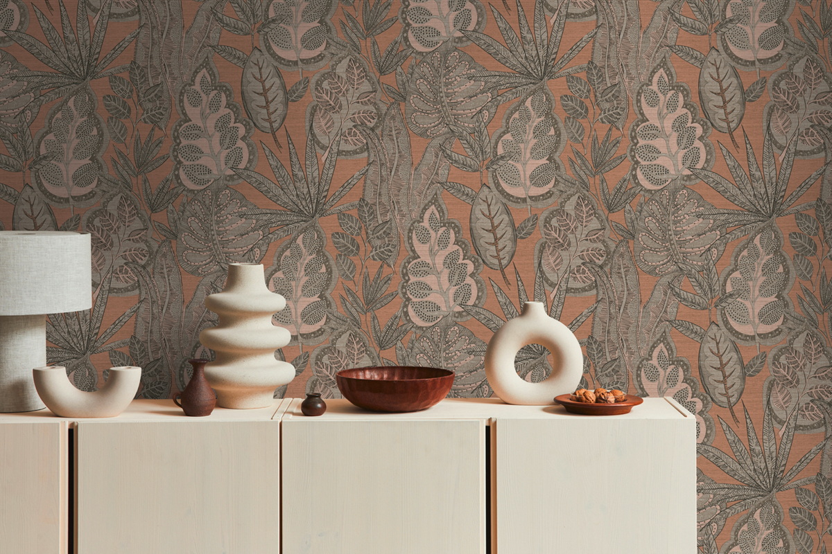 Papier peint Feuillage Symbole Indiana taupe rose - Famous Garden d'A.S. Création | Réf. AS-393462