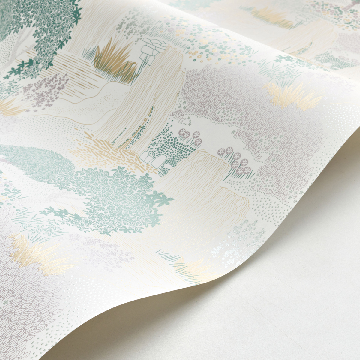 Papier peint jardin Japonais Niwa vert blanc métallisé - Kyoto de Casadéco AMB2 | Réf. KYTO88727241