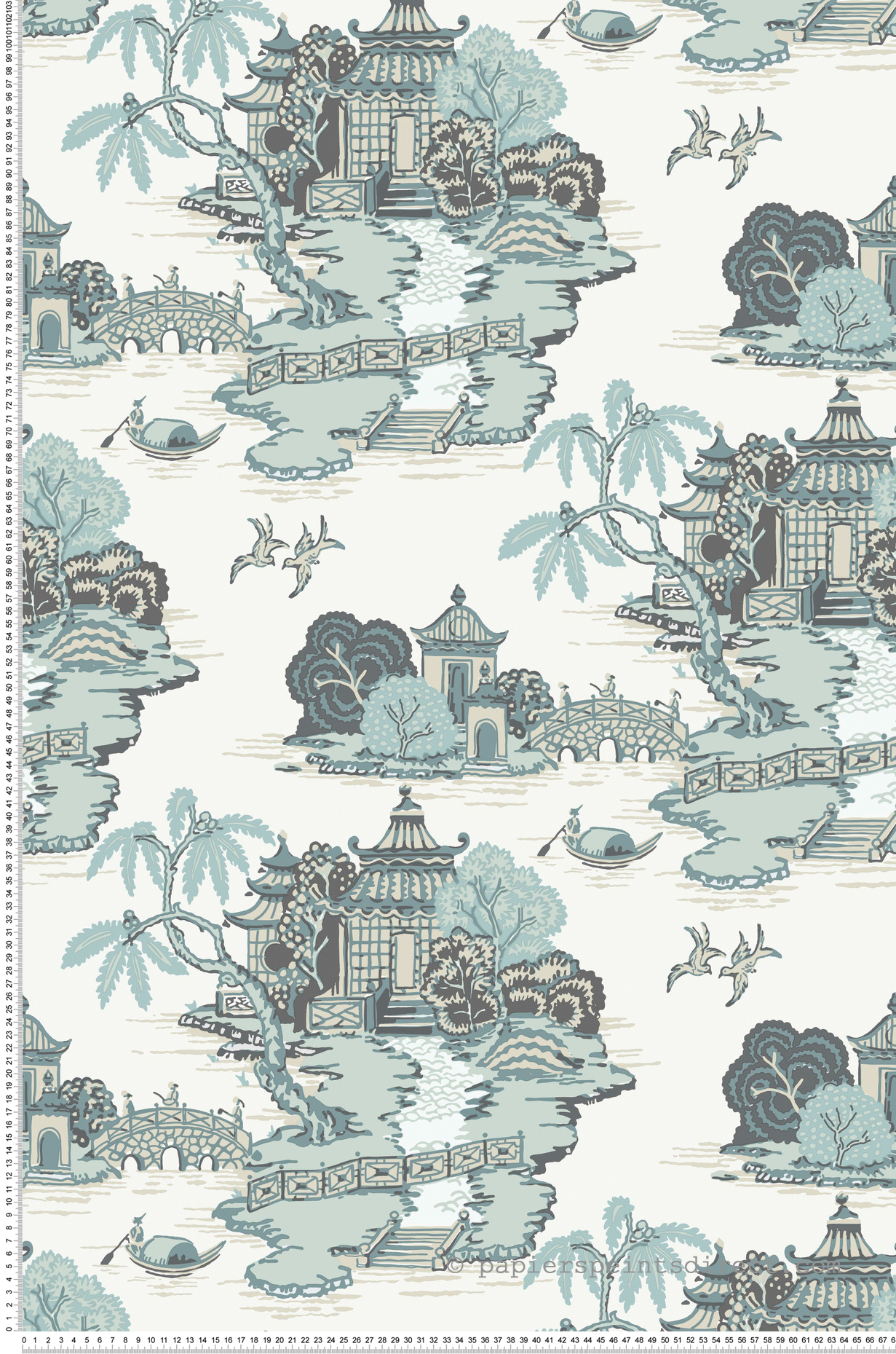 Papier peint Scène Chinoise Pagoda et Sampan vert céladon - Toiles de York (Initiales) | Réf. INI-RT7904
