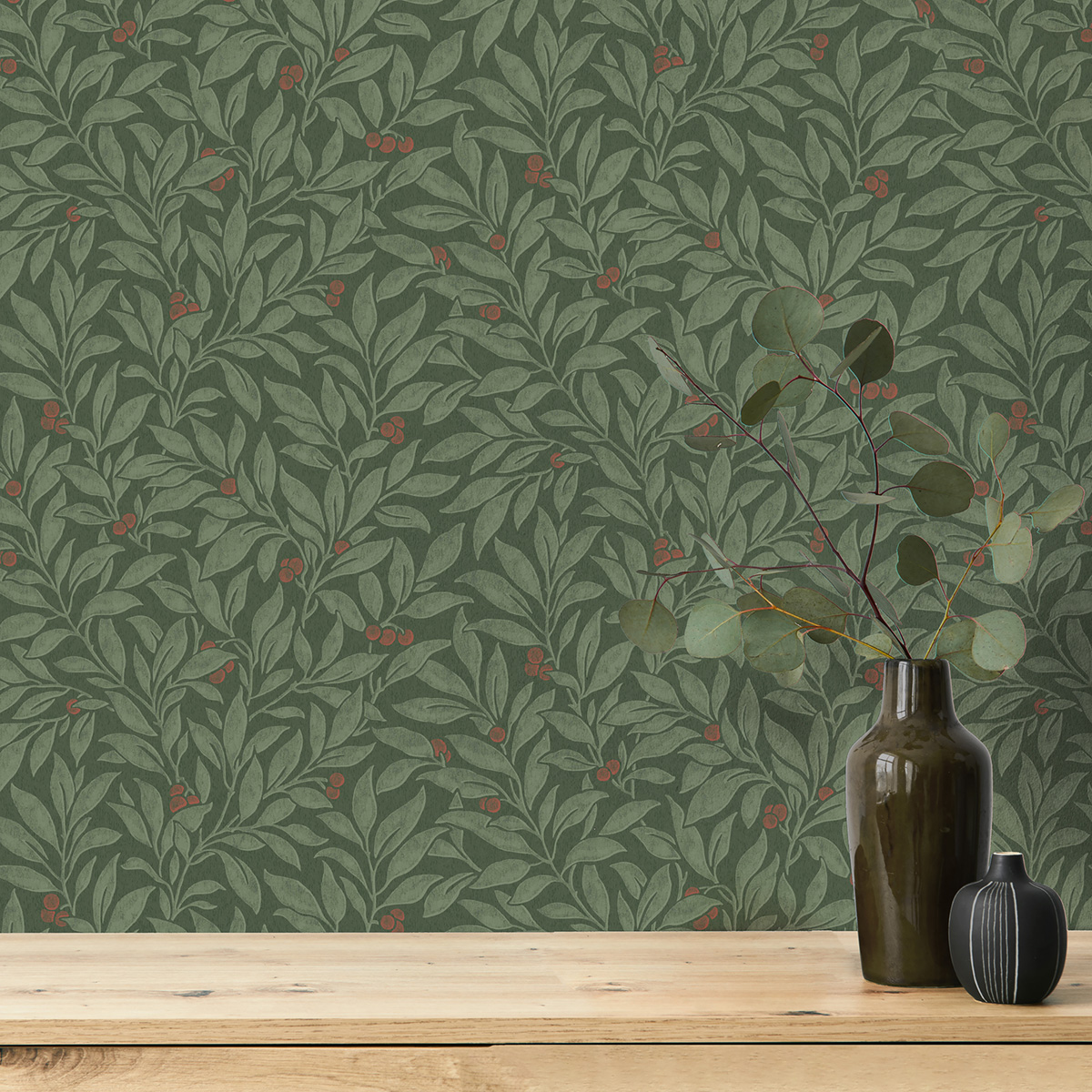 Papier peint Végétaux Winter Berry vert sapin - Beaux Arts de Lutèce AMB1| Réf. LTC-M1844