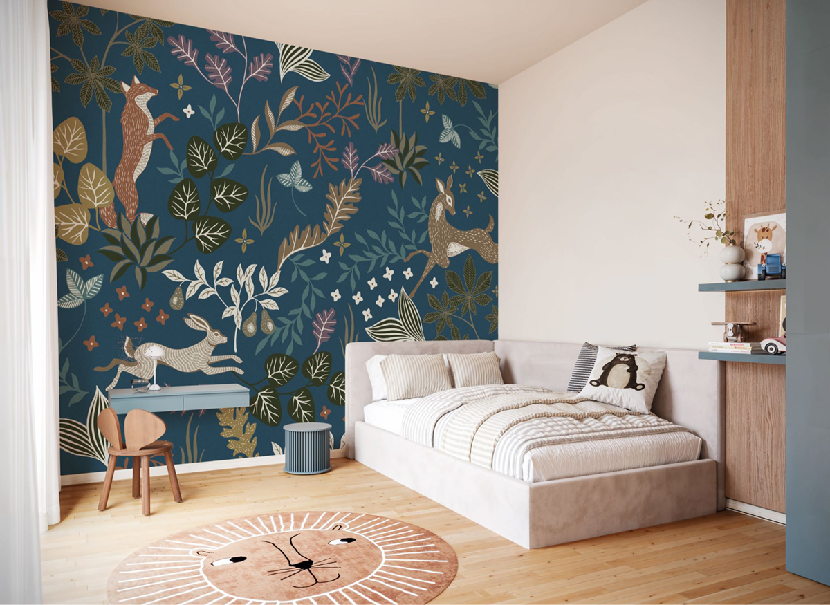 Papier peint panoramique Animaux Wood Night bleu - Seasons de Komar