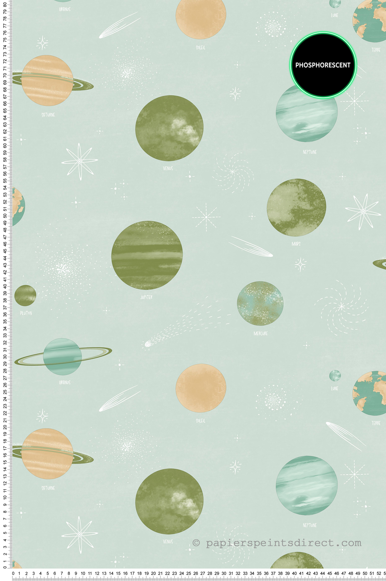 Papier peint Planète Voie Lactée vert d'eau phosphorescent - Les Minis Mondes de Casélio | Réf. MNM105687000