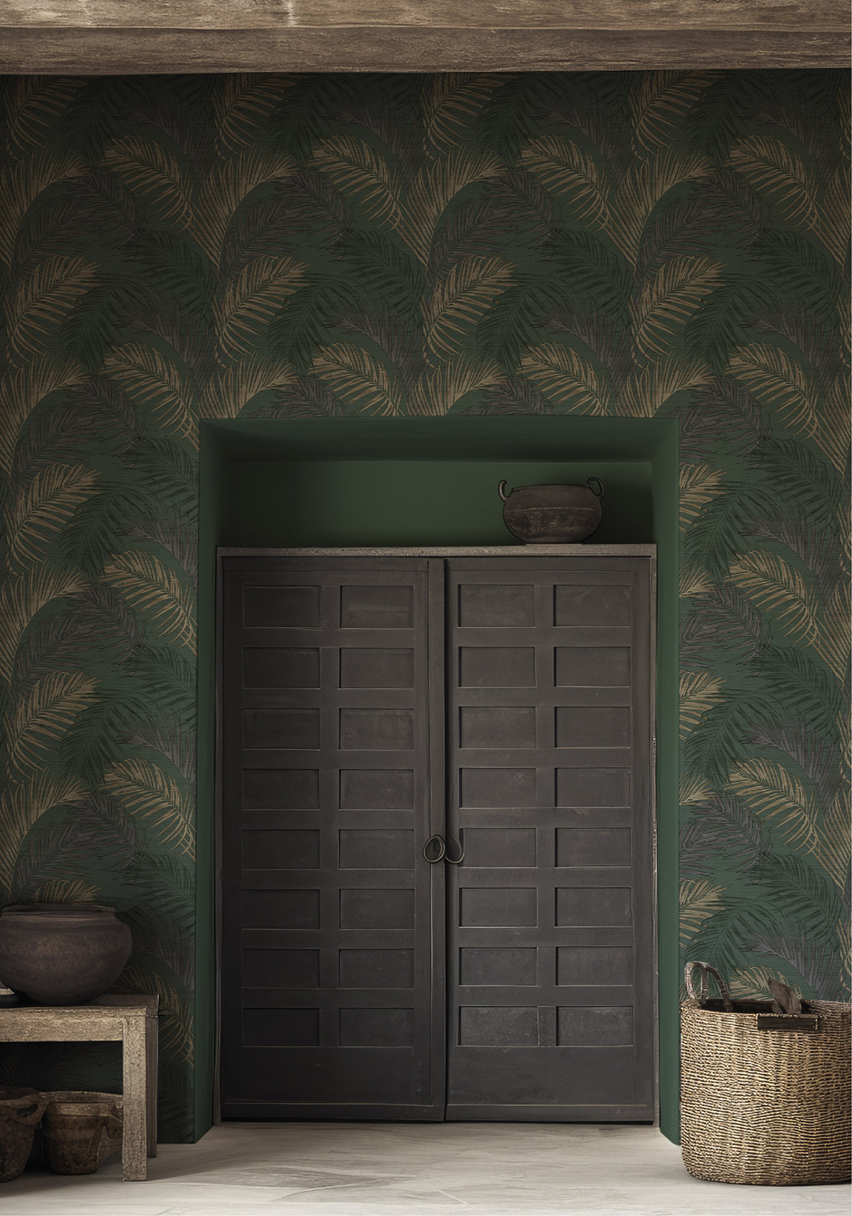 Papier peint Palmes Vintage Relief vert anglais doré - Opera de Montecolino | Réf. MC-OP33317