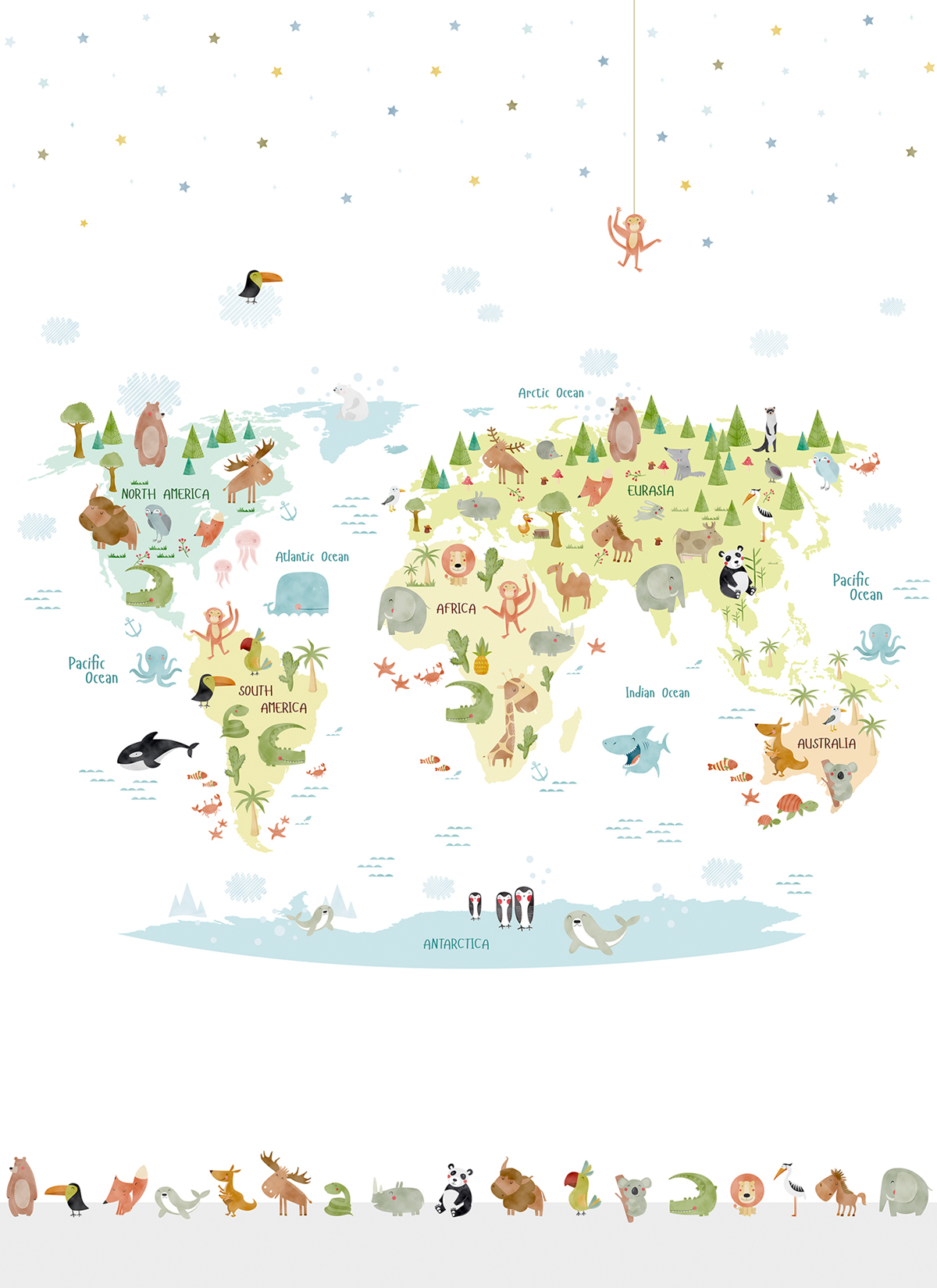 Papier peint panoramique Carte du Monde Faune multicolore - Panorama 2 de Lutèce | Réf. LTC-PAN1881C