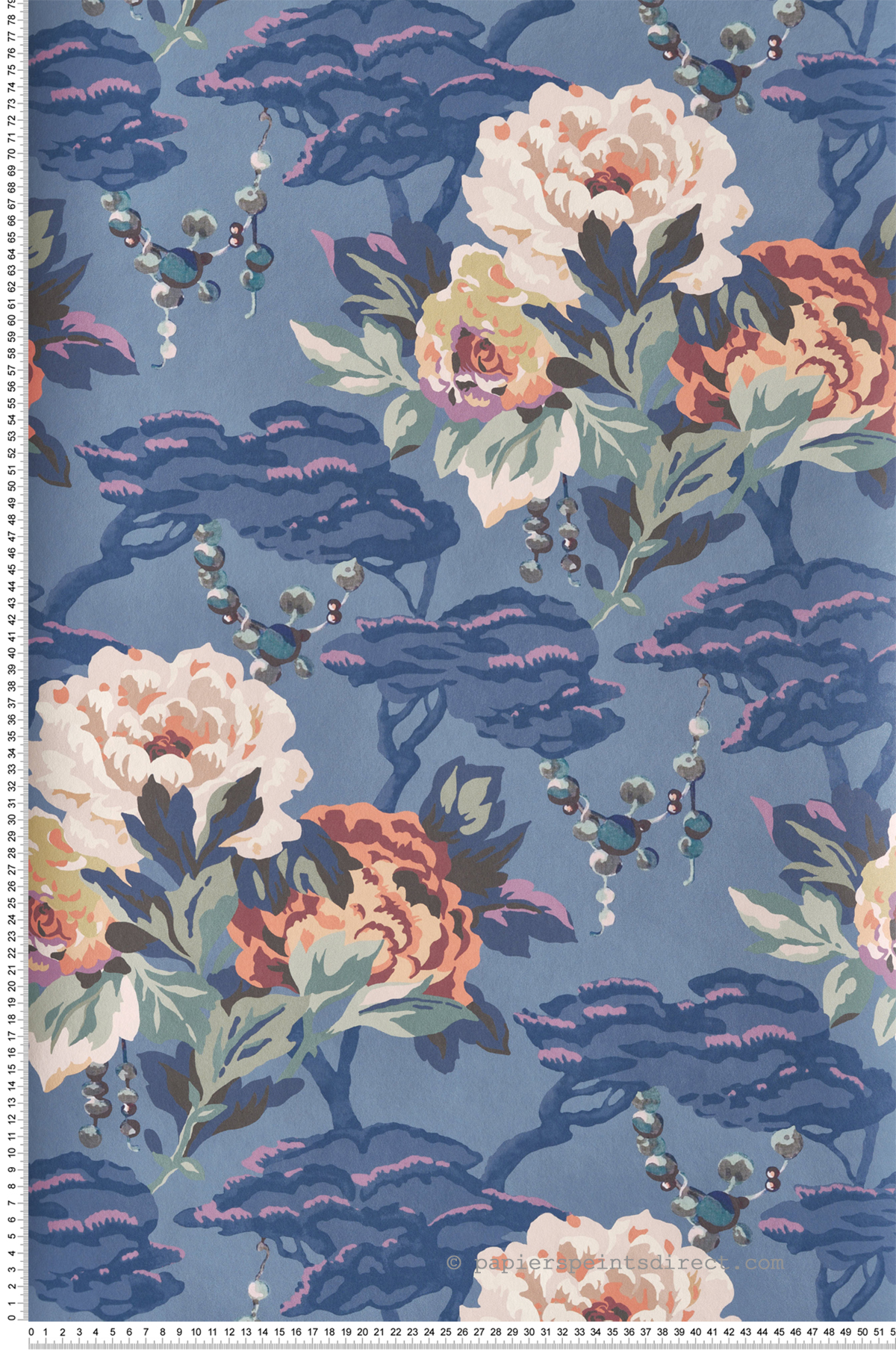 Papier peint Bouquet de Rose Vintage Paeonia bleu indigo - V&A Decorative Papers d'Initiales | Réf. INI-31117002
