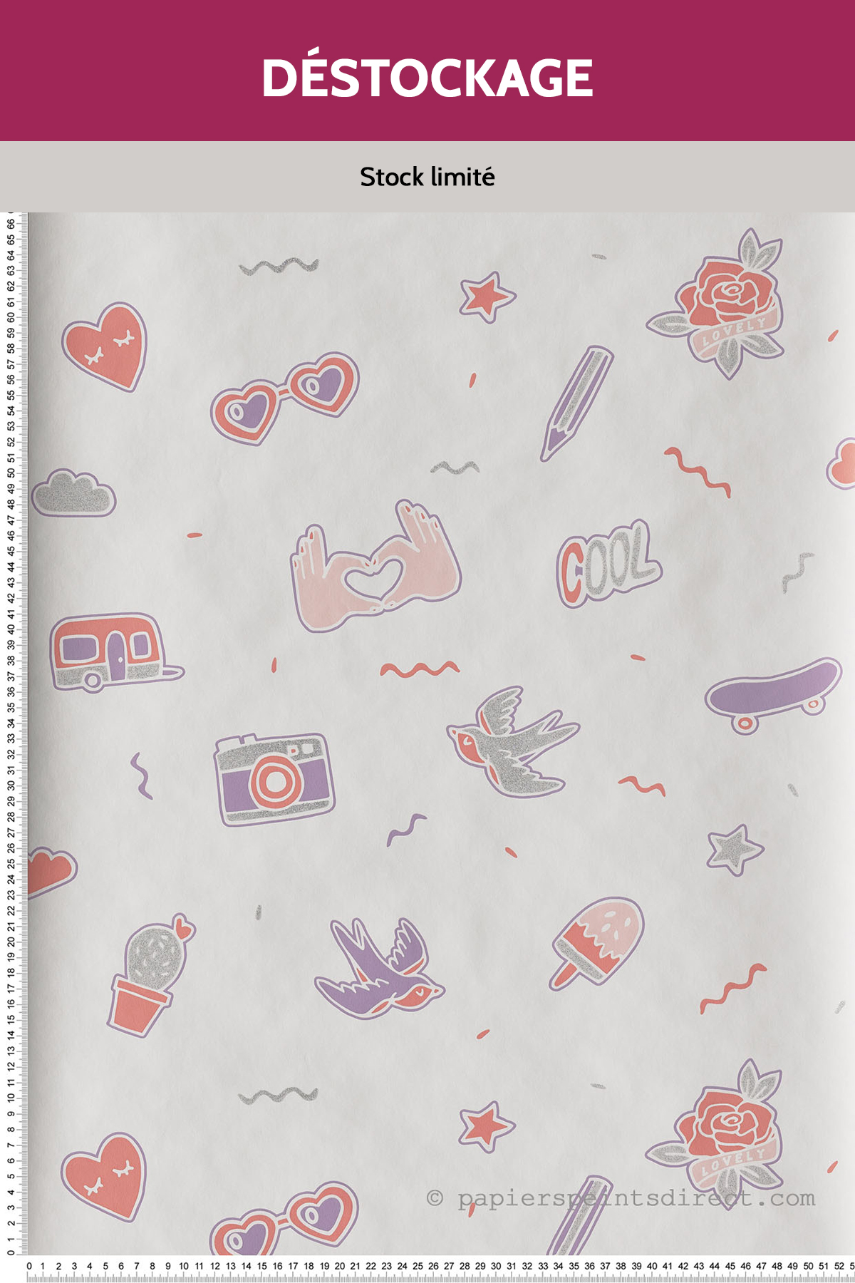 Papier peint Destockage - Enfant Pin's Me rose/violet - Girl Power de Casélio