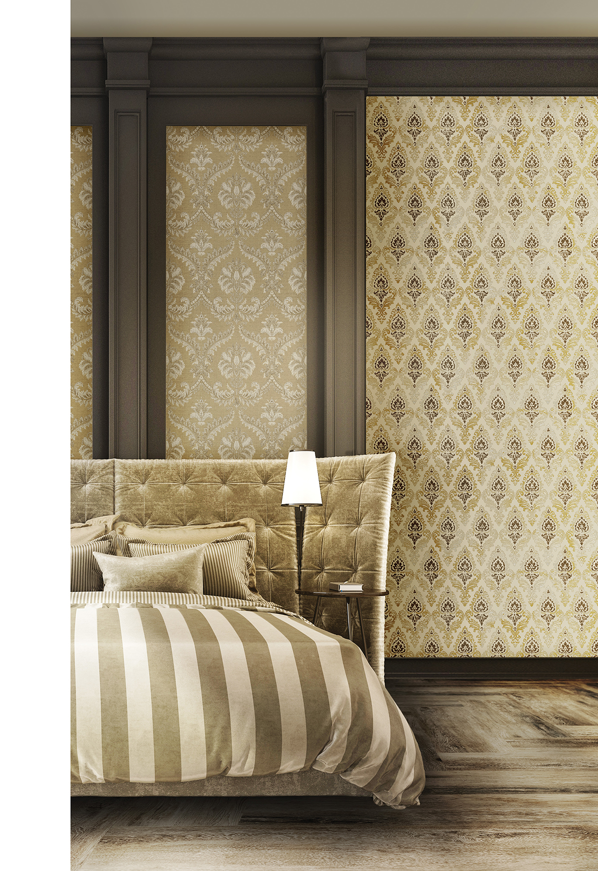 Papier peint Damassé Baroque grège et doré - San Marco de Montecolino | Réf. MC-23632