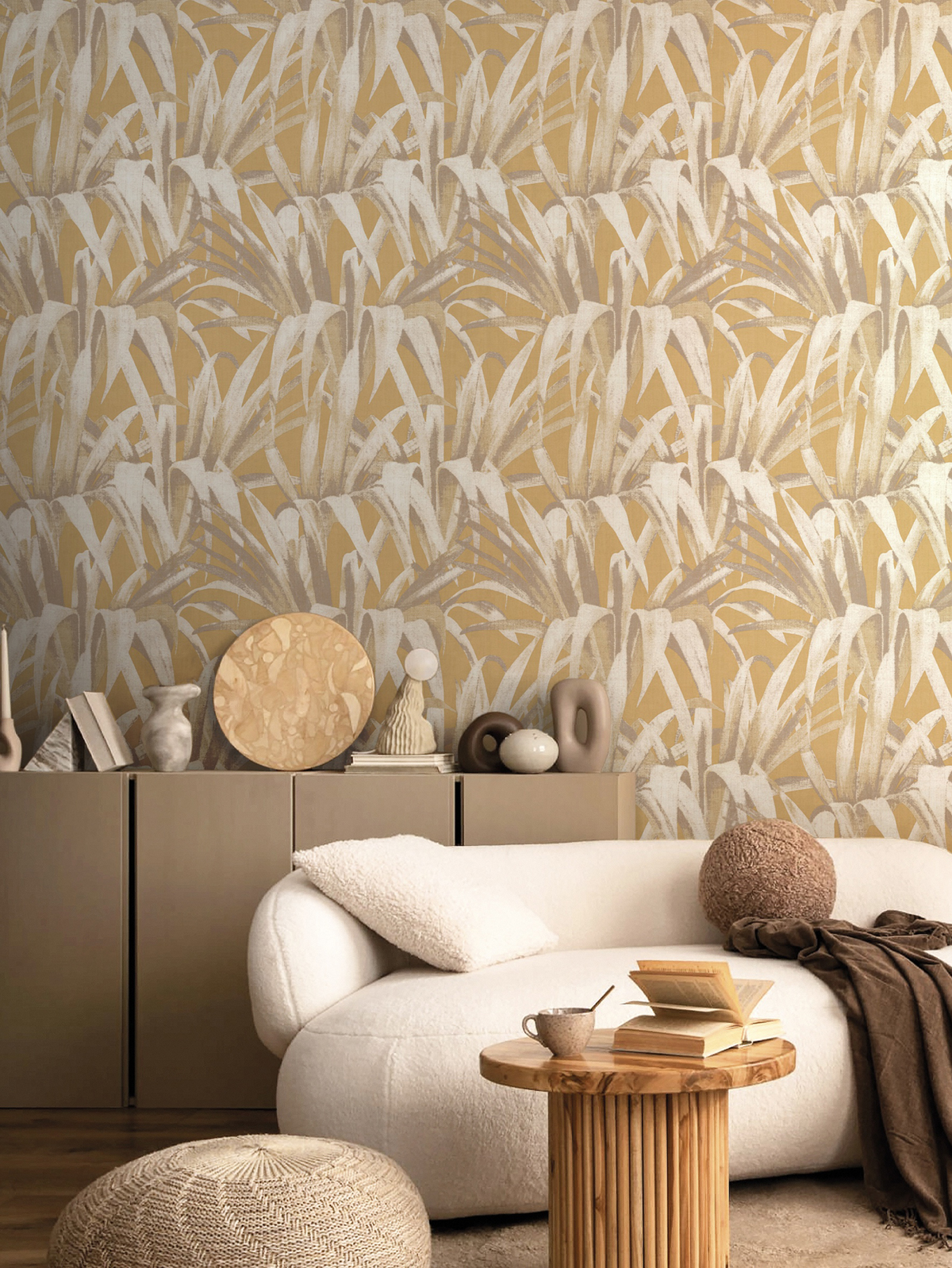 Papier peint Feuillage Palme Exotique moutarde irisé - Maison Paradis de Lutèce AMB1| Réf. LTC-MP15523