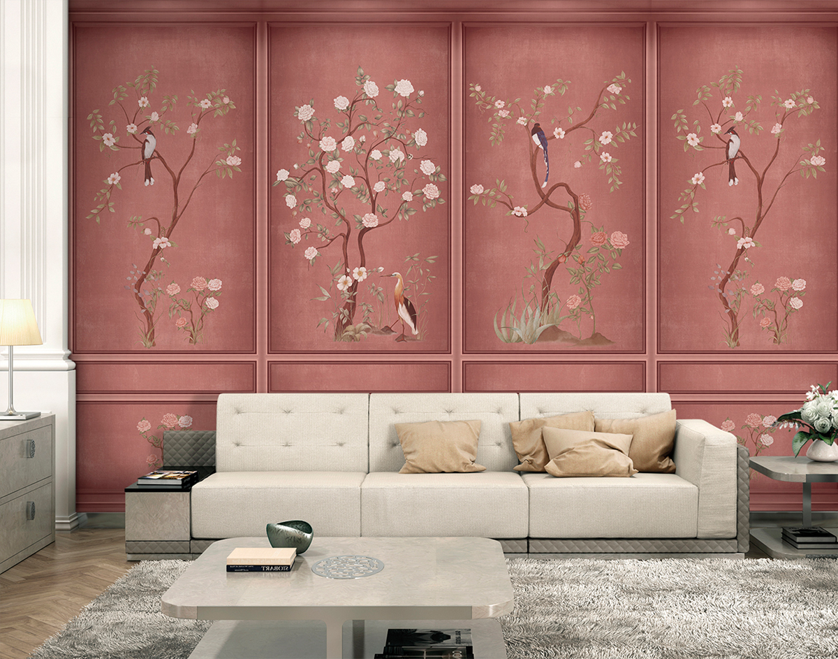 Papier peint panoramique Boiserie Fleurie framboise - Panorama 2 de Lutèce | Réf. LTC-PAN1573C