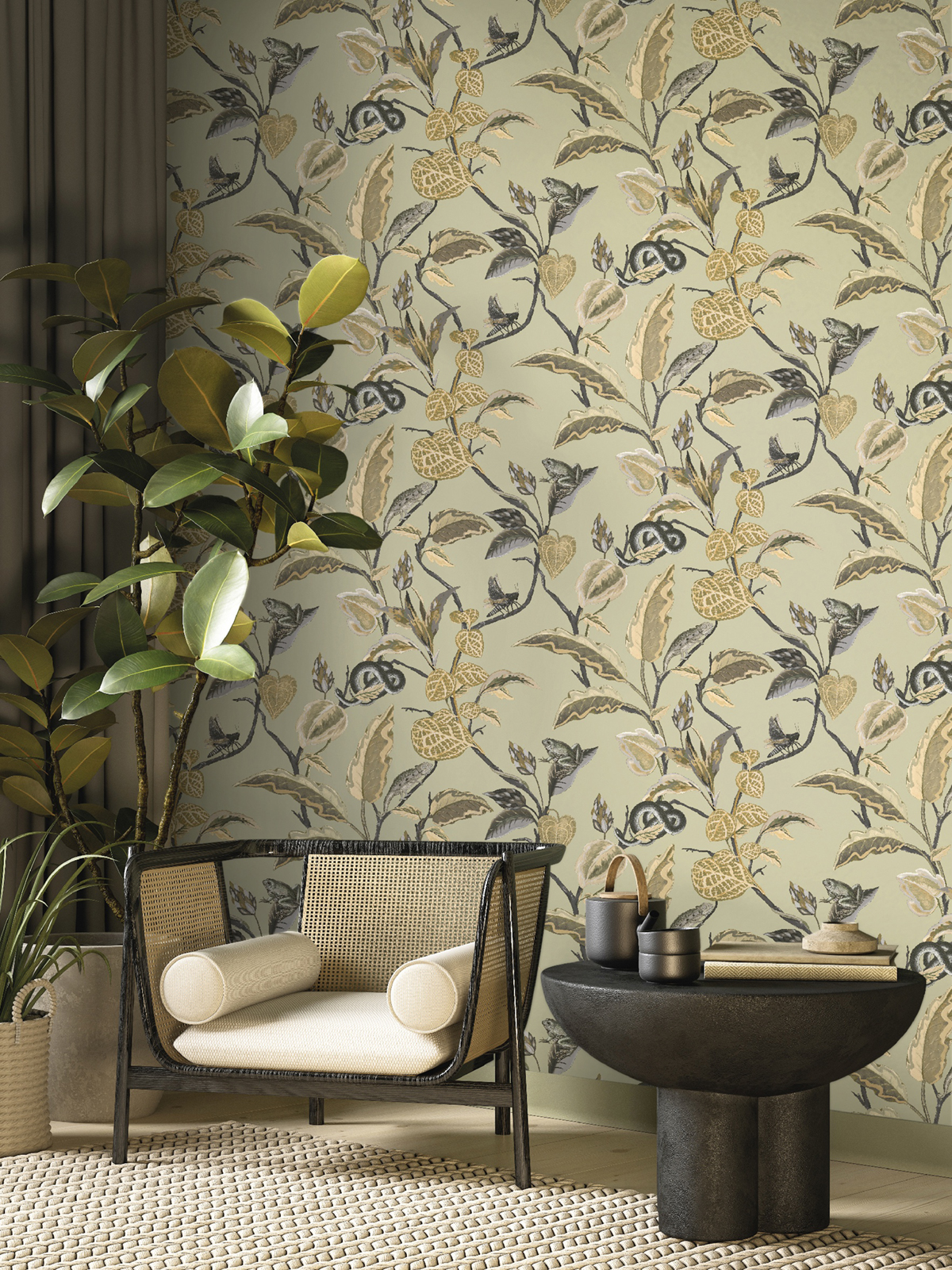 Papier peint Animaux Botanique Feuillage vert amande doré - Maison Paradis de Lutèce | Réf. LTC-MP15509