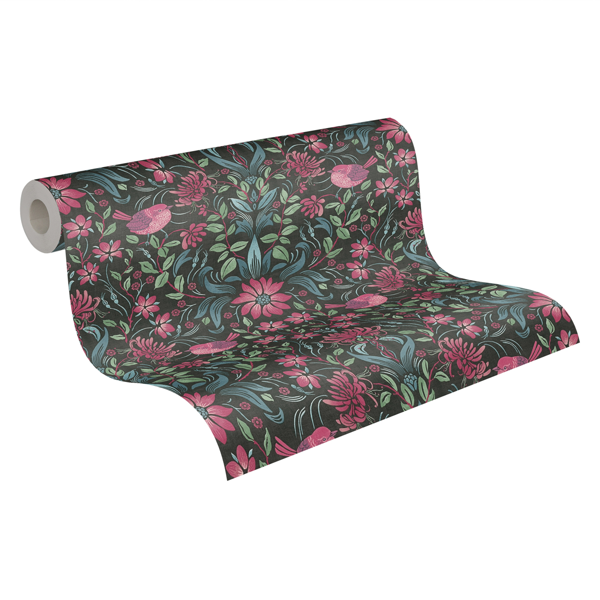 Papier peint Fleuri Oiseau Blooming noir framboise - Maison Charme d'A.S. Création ROLL | Réf. AS-390751