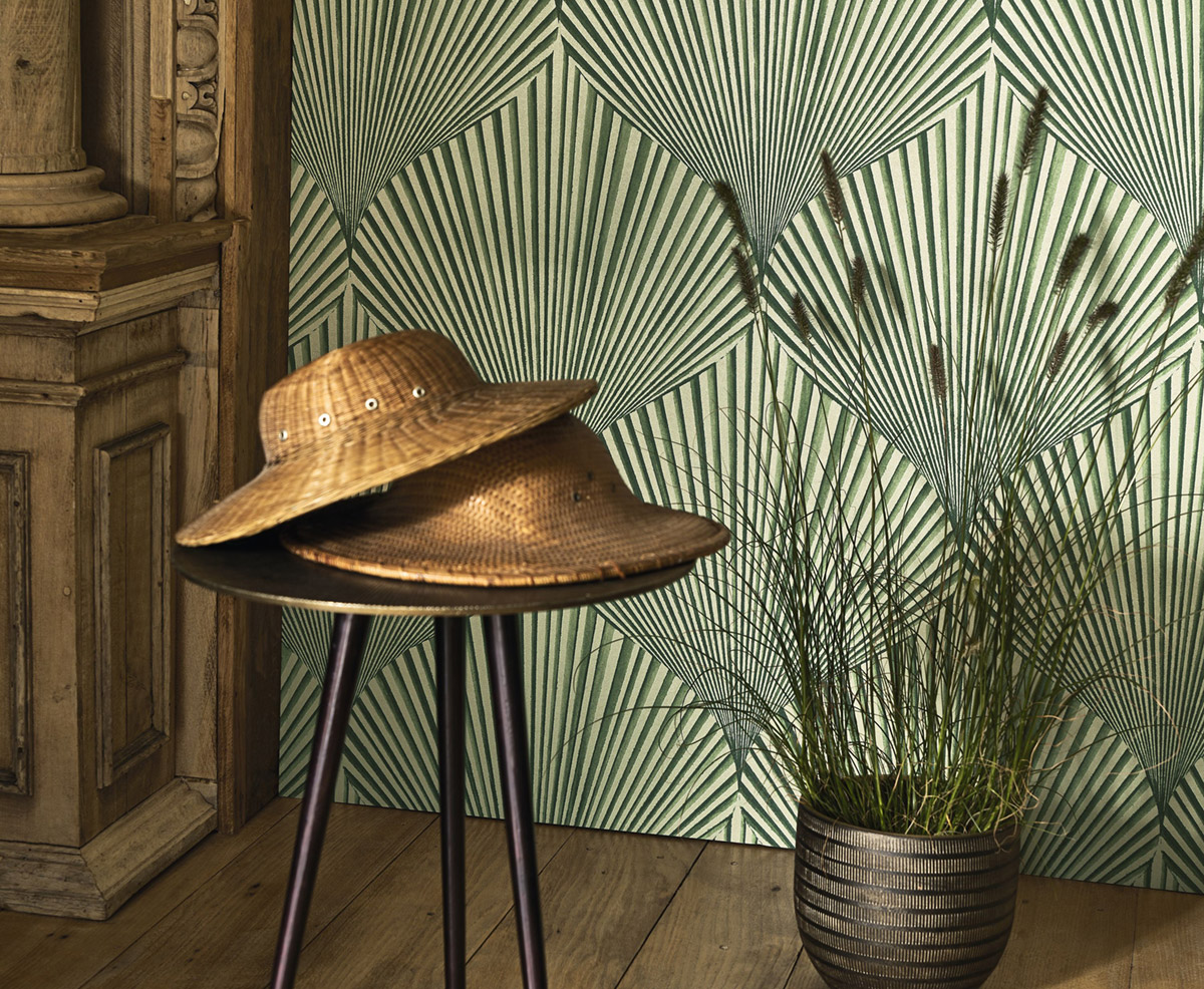 Papier peint Feuille Coquillage Semiramis vert beige - Babylone de Casadéco AMB3| Réf. BBLN89767533