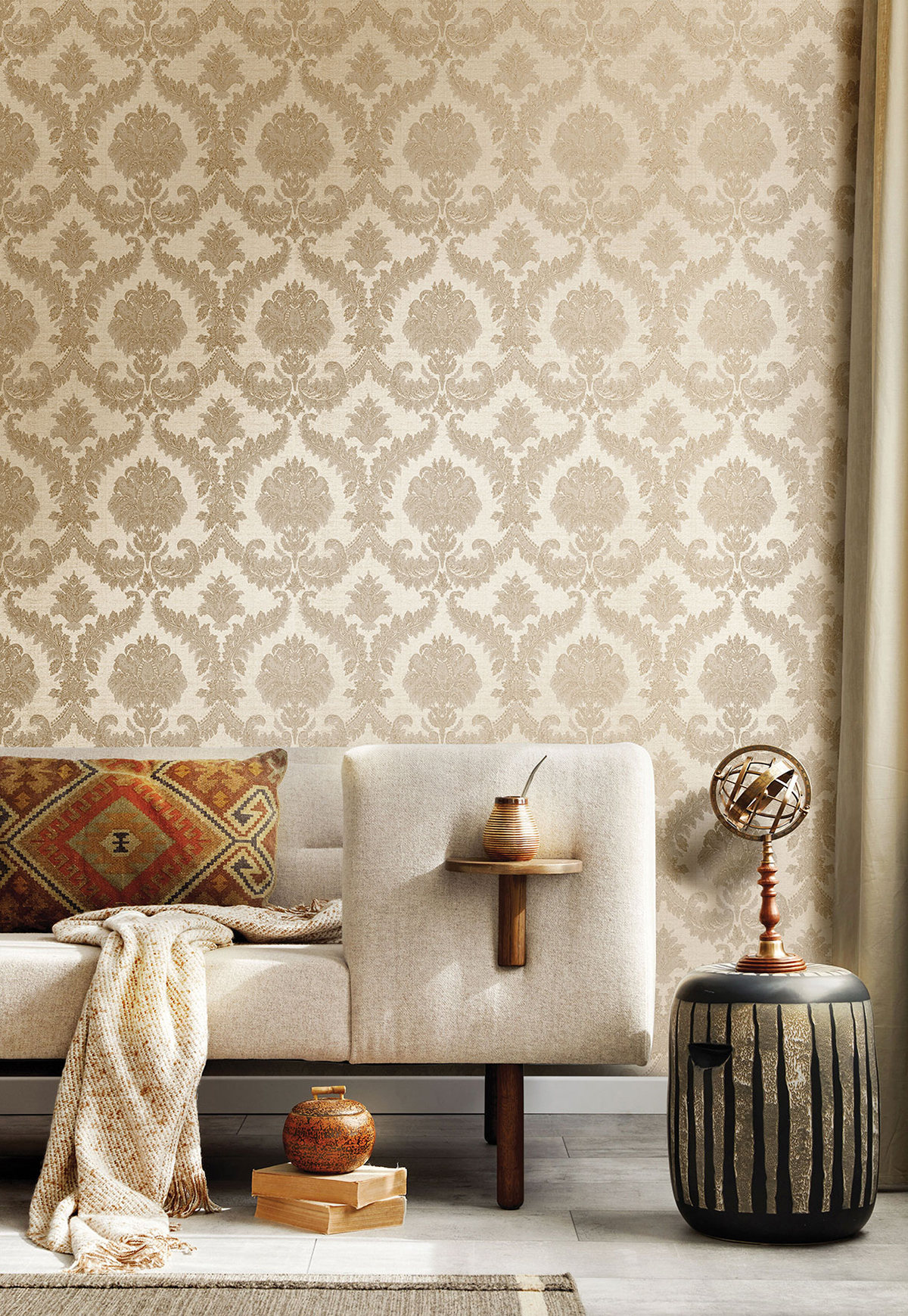 Papier peint Médaillon Baroque taupe claire et doré - San Marco de Montecolino | Réf. MC-25722