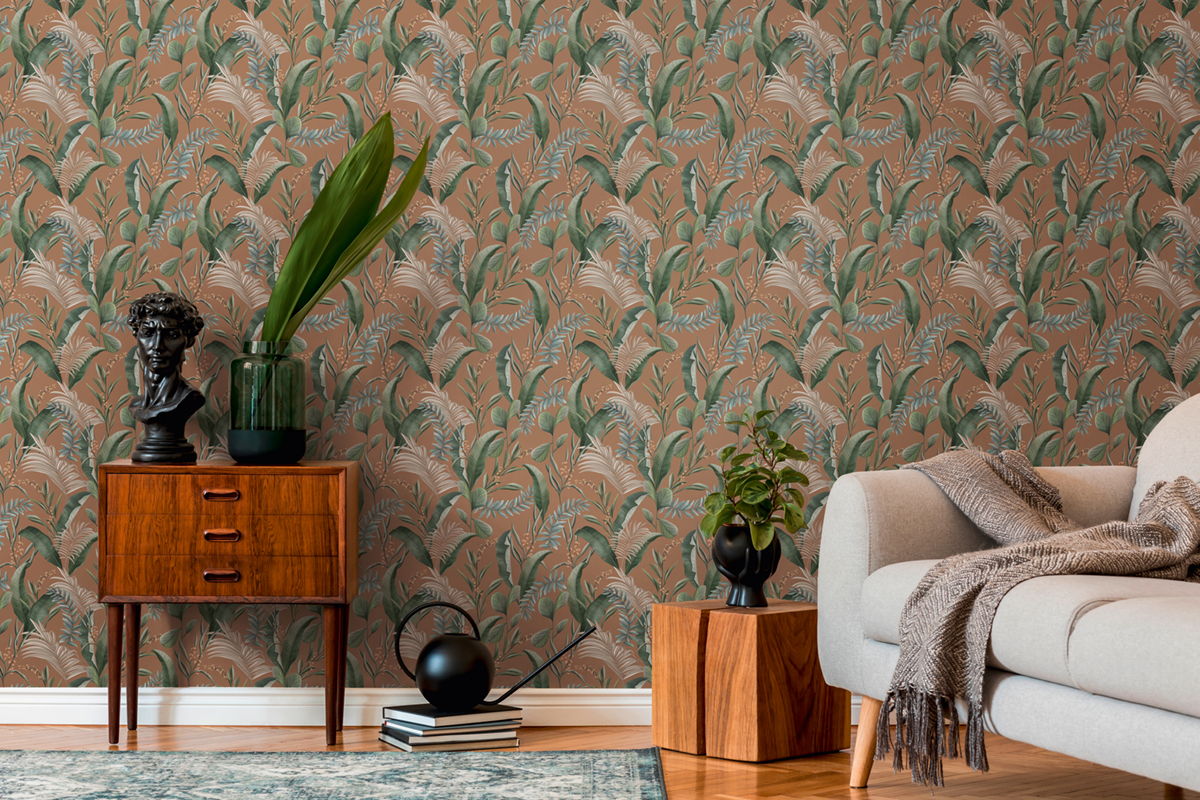 Papier peint Feuille Nature Tropical terracotta vert - Drawn Into Nature de Livingwalls AMB3| Réf. 39436-2