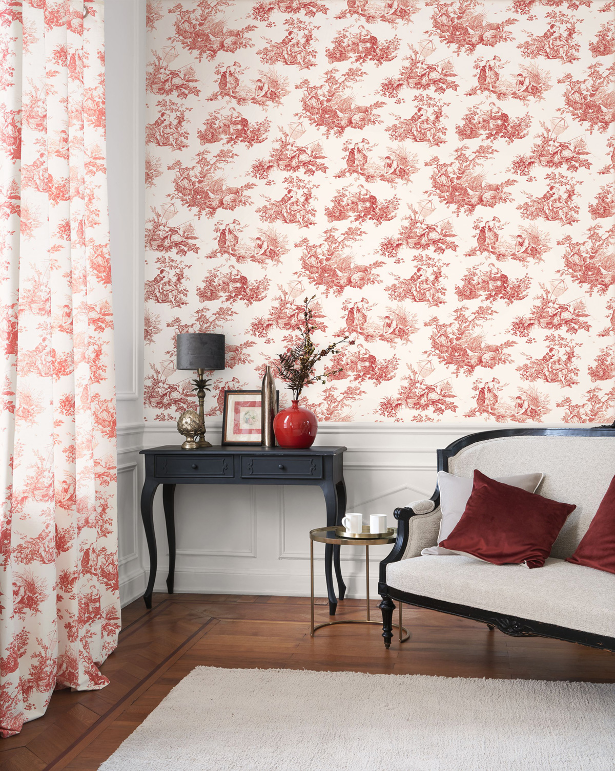 Papier peint Scene D'Été rouge carmin - Les Belles Toiles De Jouy 2 de Casadéco | Réf. BTJD87918201