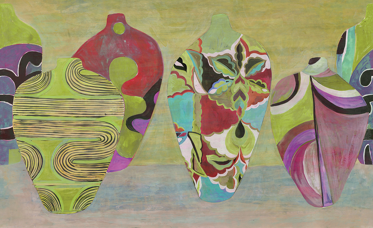 Papier peint panoramique Vase Hiva vert - A, B, C et D H260 - Wall Designs IV de Masureel | Réf. MAS-DG4HIV102X-260