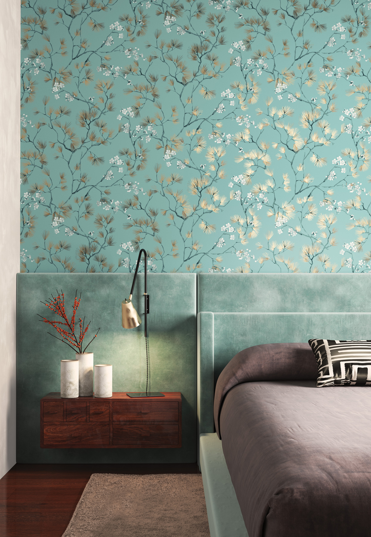 Papier peint Fleurs Japonaise Haru bleu ciel doré - Kimono de Masureel | Réf. MAS-KIM102