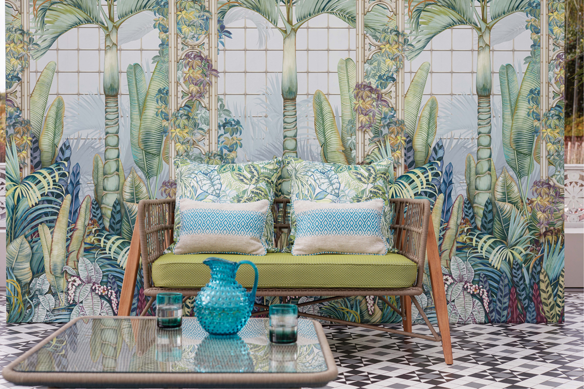 Papier peint Verrière Tropicale Palm House bleu - Mansfield de Osborne & Little AMB | Réf. OSB-W7452-02