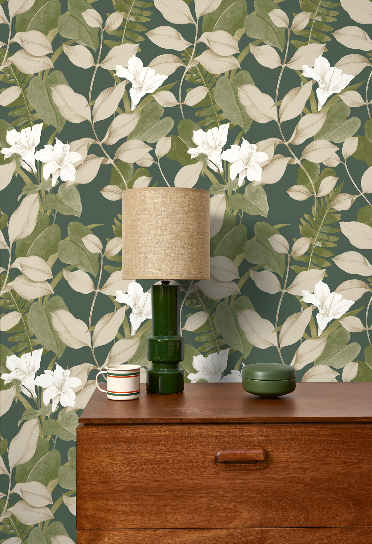 Papier peint Lys Feuille Royal Lily vert foncé métallisé - Soliflore de Casadéco | Réf. SOLI200267808