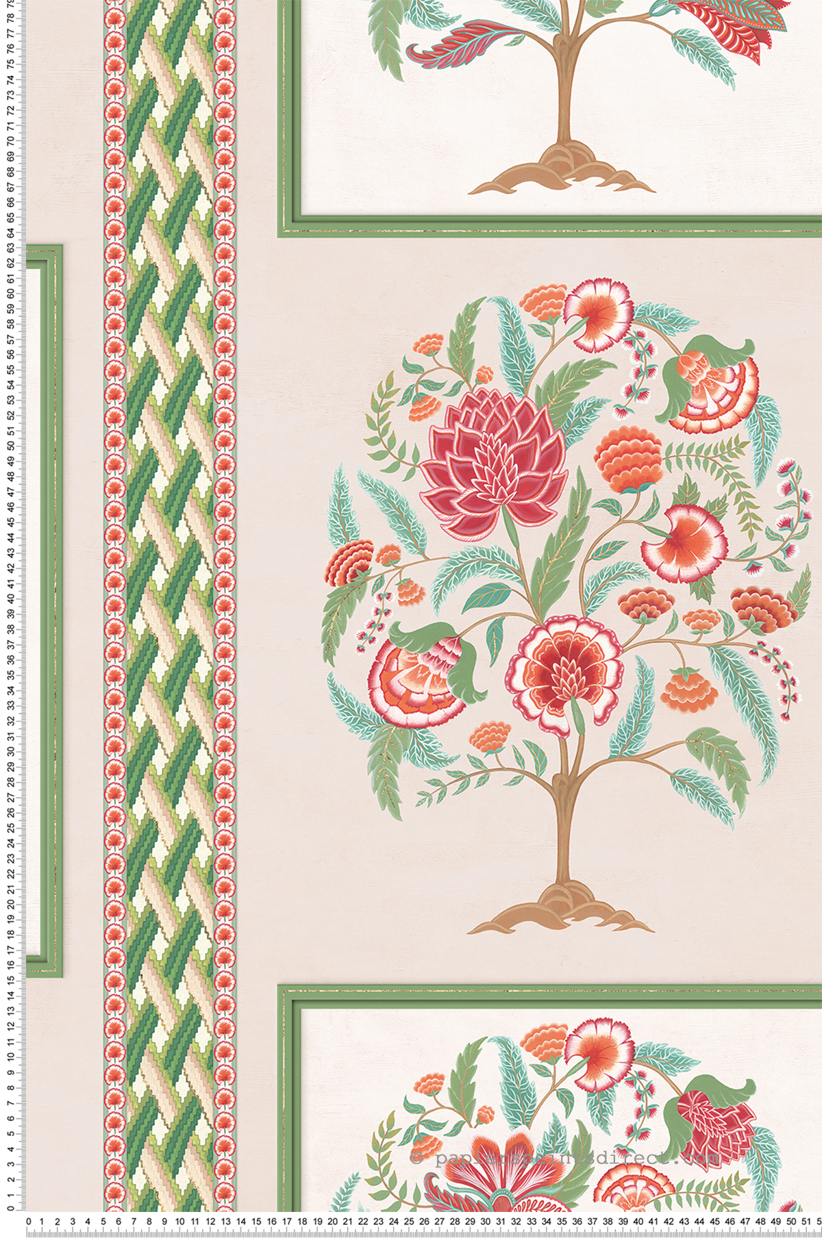 Papier peint Cadre de Fleurs Taniska vert rouge - Byzance d'Osborne & Little | Réf. OSB-W7906-01