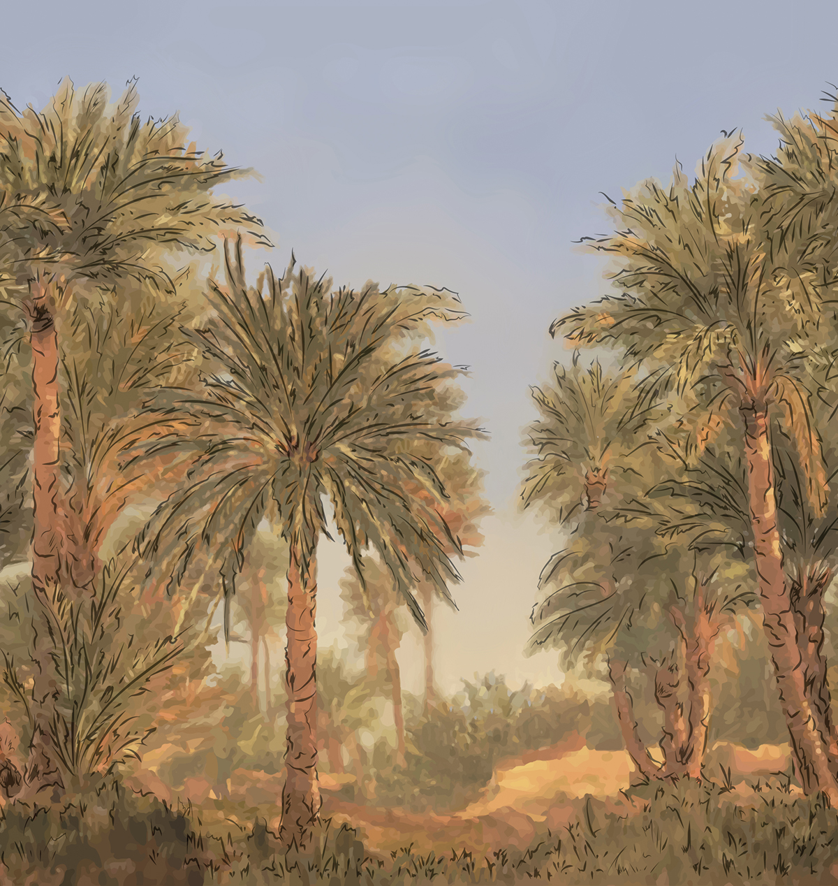 Papier peint panoramique Palmeraie Oasis vert ocre - Bensimon 3 de Lutèce | Réf. LTC-51233708