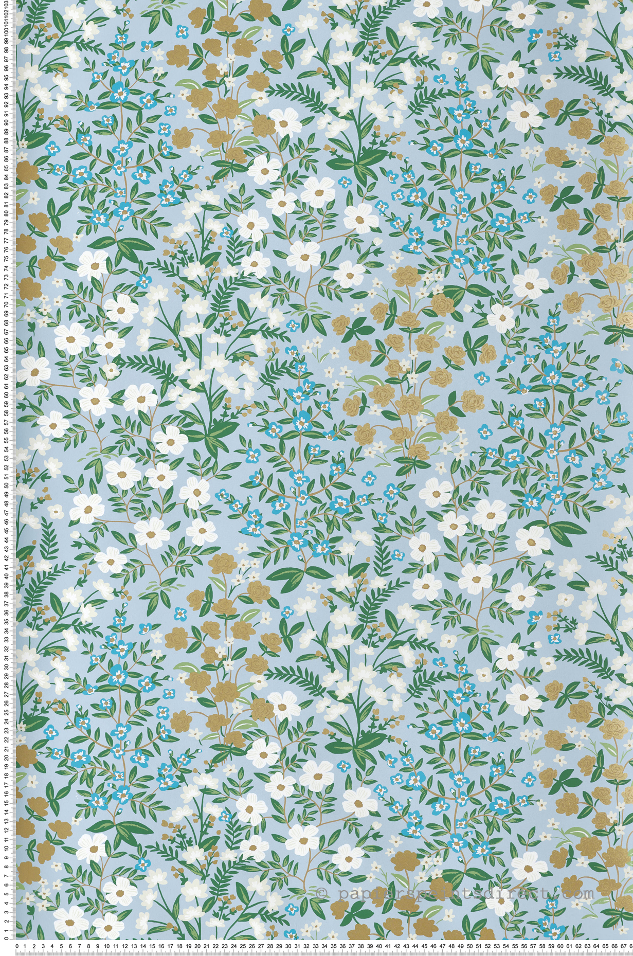 Papier peint Jardin Sauvage Fleuri bleu ciel doré - Rifle Paper Co. 2 de York (Initiales) | Réf. INI-RP7379