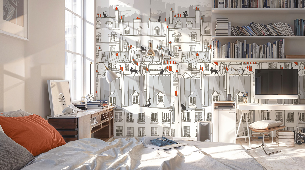 Papier peint Panoramique Chat Toit City Cats rouge gris - Les Aventures de Lutèce | Réf. LTC-51242310