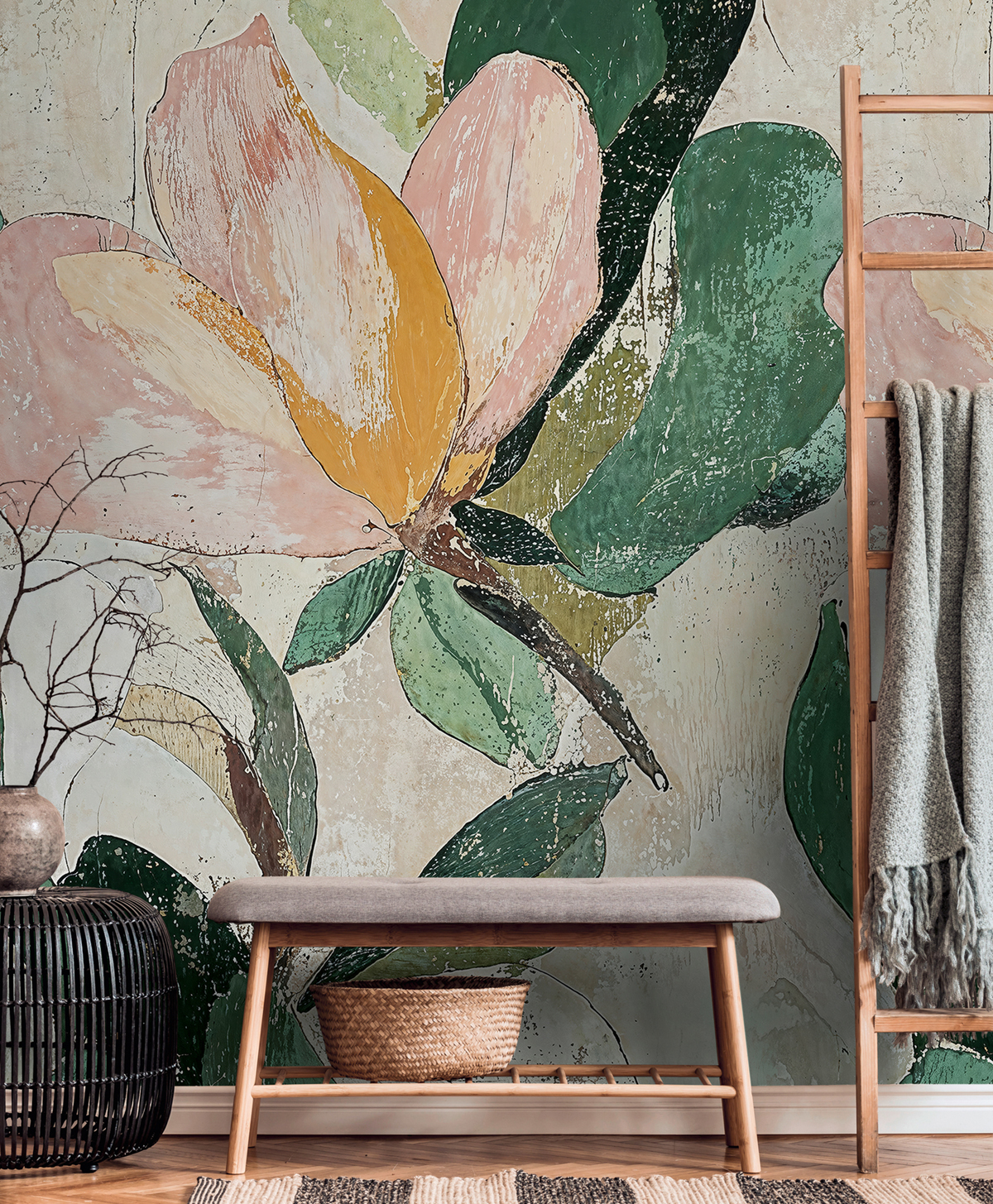 Papier peint panoramique Fleur Vintage Lush Blossom rose vert - Cosmoliving d'A.S. Création AMB | Réf. AS-791443